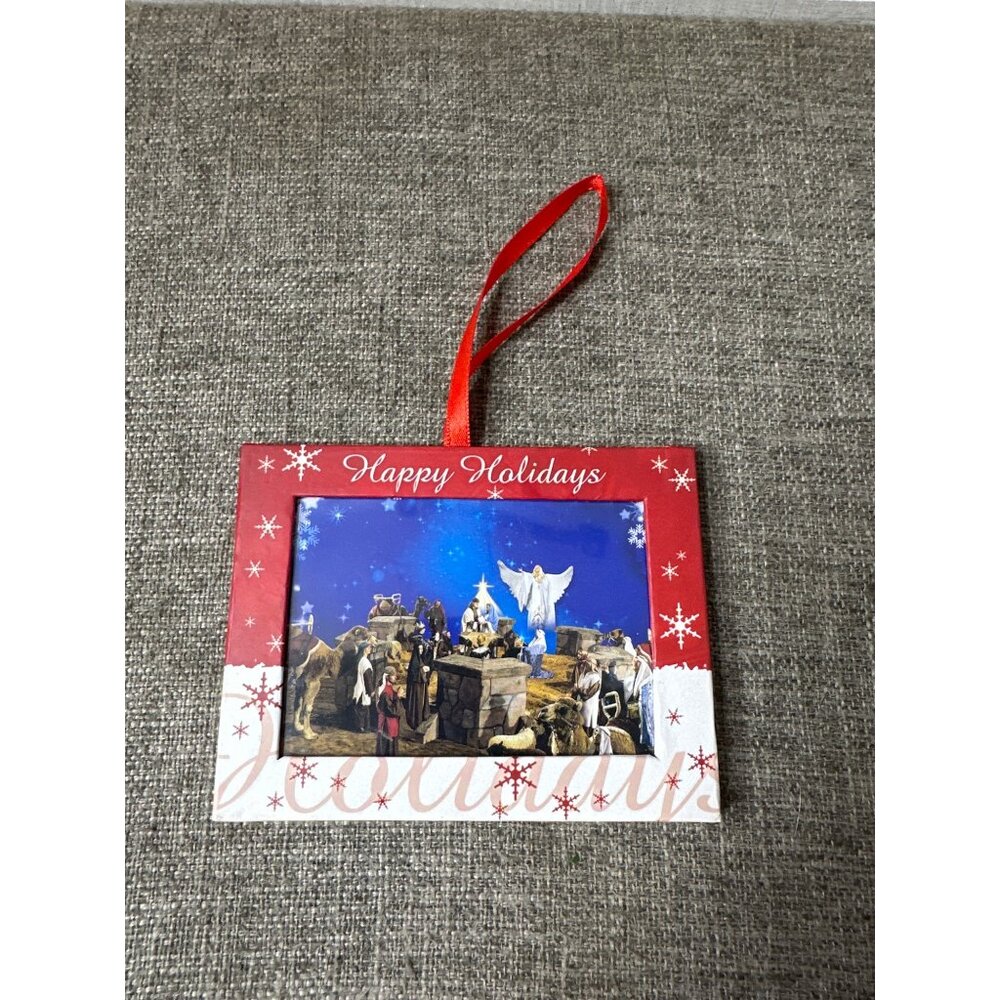 Nativity Scene Christmas Ornament w/ Red Ribbon Photo Frame Happy Holidays